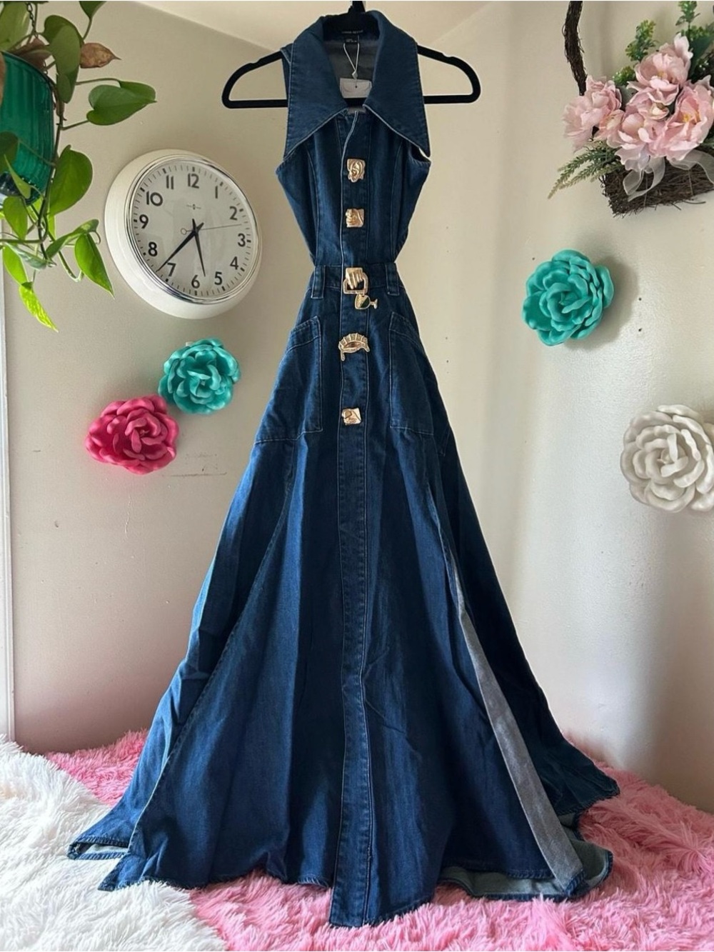 Only one available Sleeveless Dark Blue Denim Maxi Dress with Gold Buttons size